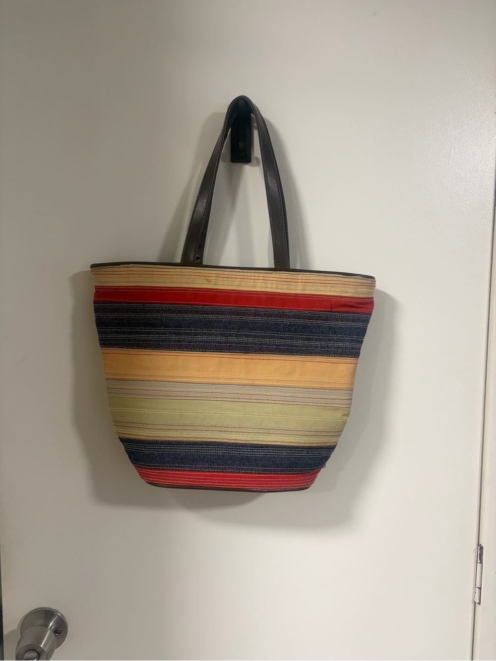Vintage Bath & Body Striped Multicolor Canvas Tote Bag with Pocket Dark Handles